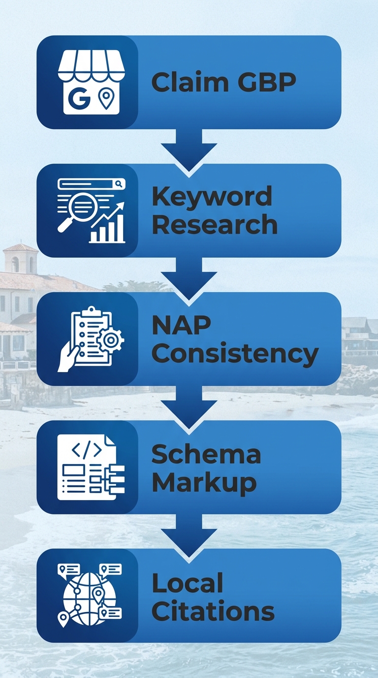 Five-step vertical process flow for starting local SEO in Monterey: claiming Google Business Profile, keyword research, NAP consistency, LocalBusiness schema, and building local citations.