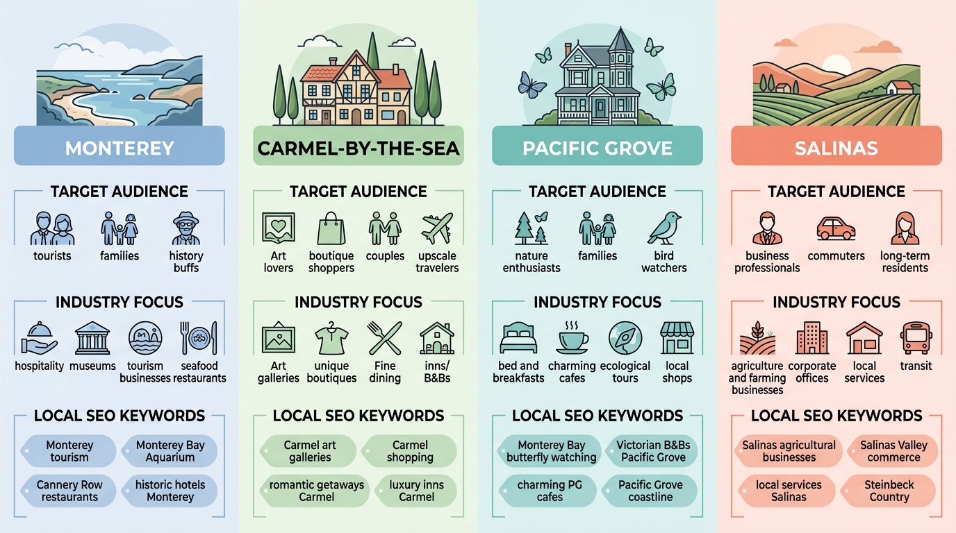 Comparison infographic showing web design considerations for Monterey, Carmel-by-the-Sea, Pacific Grove, and Salinas with icons for target audience, industry focus, and local SEO keywords.