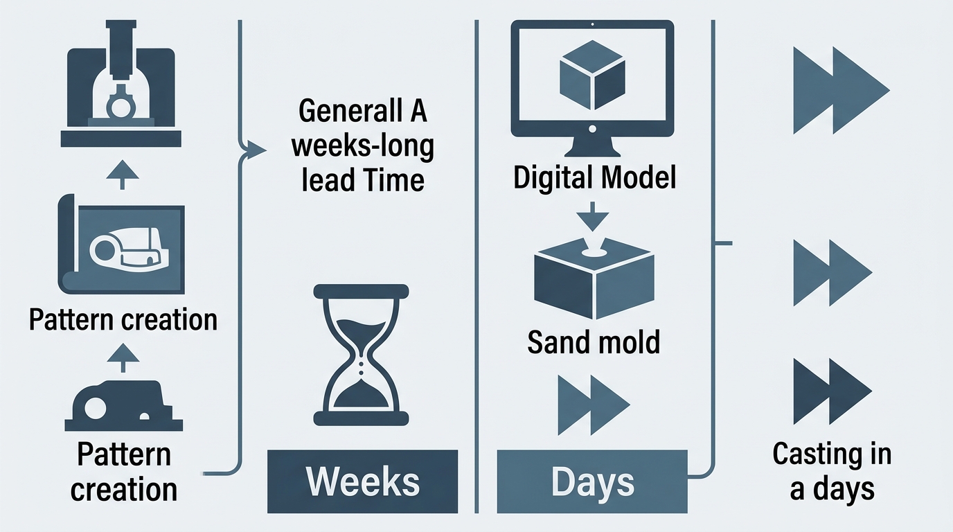 Infographic comparing traditional sand casting taking weeks versus 3D printed sand casting taking days, with side-by-side columns, hourglass and fast-forward icons in blue-gray industrial style.