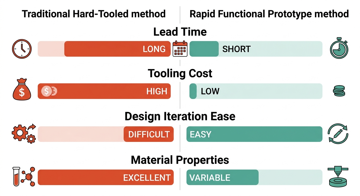 Two-column comparison chart contrasting Traditional Hard-Tooled and Rapid Functional Prototype metal casting methods across four criteria: Lead Time, Tooling Cost, Design Iteration Ease, and Material Properties, using color-coded bars.