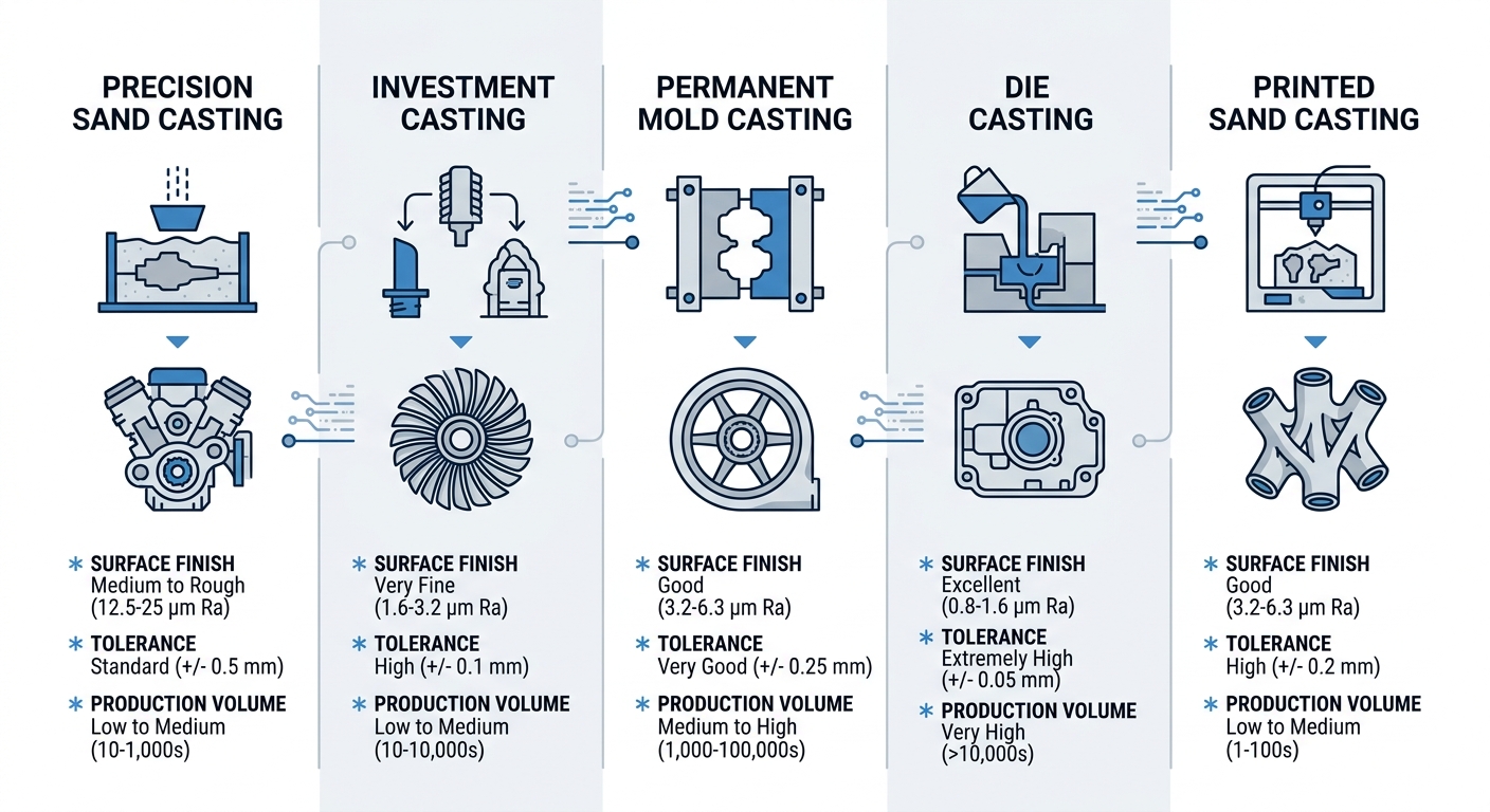 Infographic comparing five metal casting processes: precision sand, investment, permanent mold, die, and printed sand casting with key attributes listed for each method.