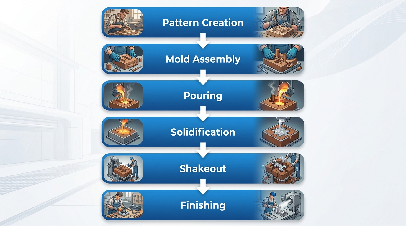 Vertical process flow diagram illustrating six stages of aluminum sand casting: Pattern Creation, Mold Assembly, Pouring, Solidification, Shakeout, and Finishing, connected by arrows with blue gradient fills.