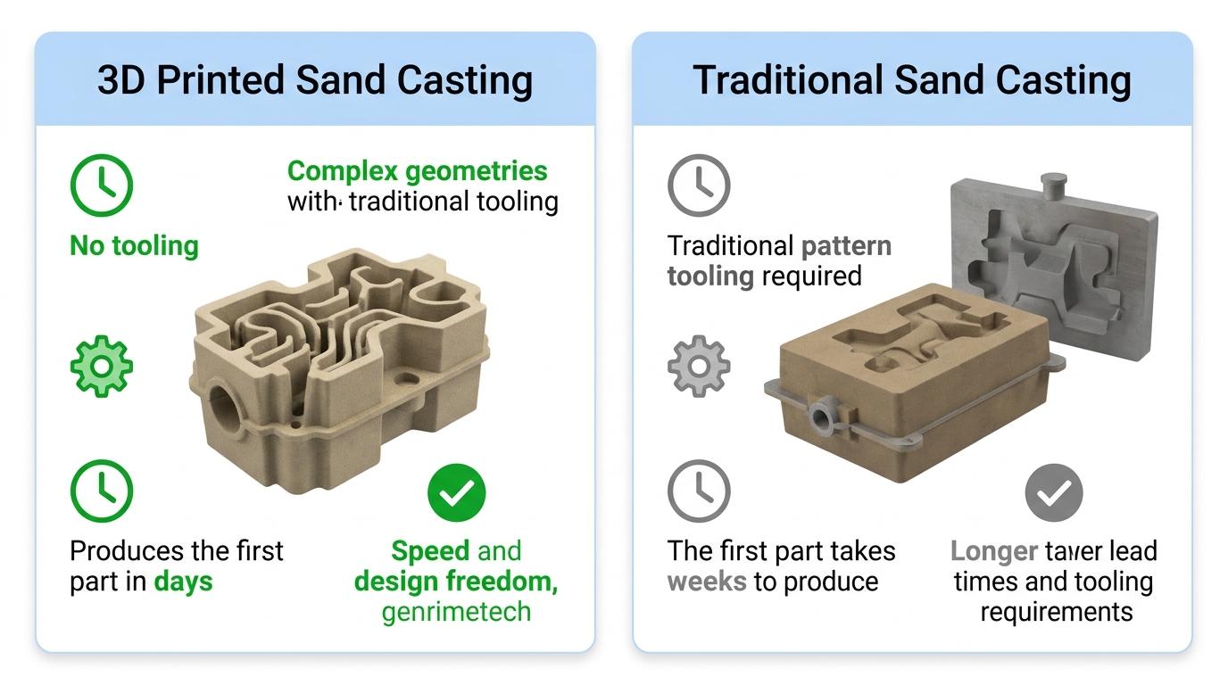 Side-by-side comparison infographic of 3D printed sand casting and traditional sand casting at Protocast Inc. Left panel shows 3D printed mold with complex channels, right panel shows traditional pattern; icons and checkmarks highlight advantages of 3D printing.