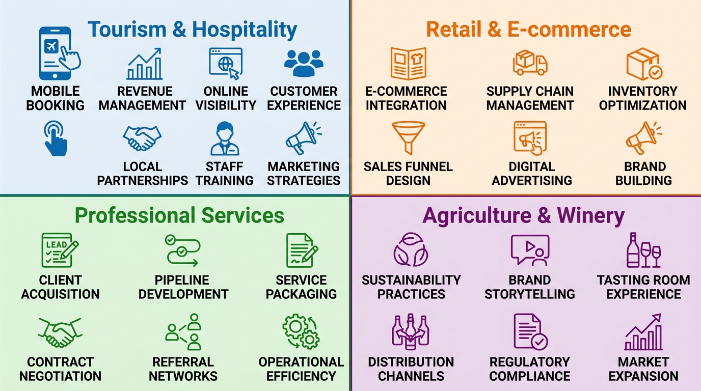 2x2 grid infographic comparing web development needs for four Monterey business sectors: tourism, retail, professional services, and agriculture. Color-coded quadrants with icons and labels.