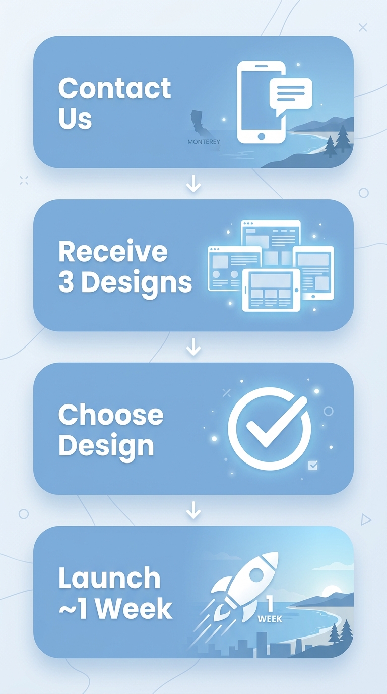 Vertical process flow with four stages: Contact Us, Receive 3 Custom Designs, Choose Your Design, and Launch in ~1 Week, using soft blue boxes and icons for a web design project in Monterey.
