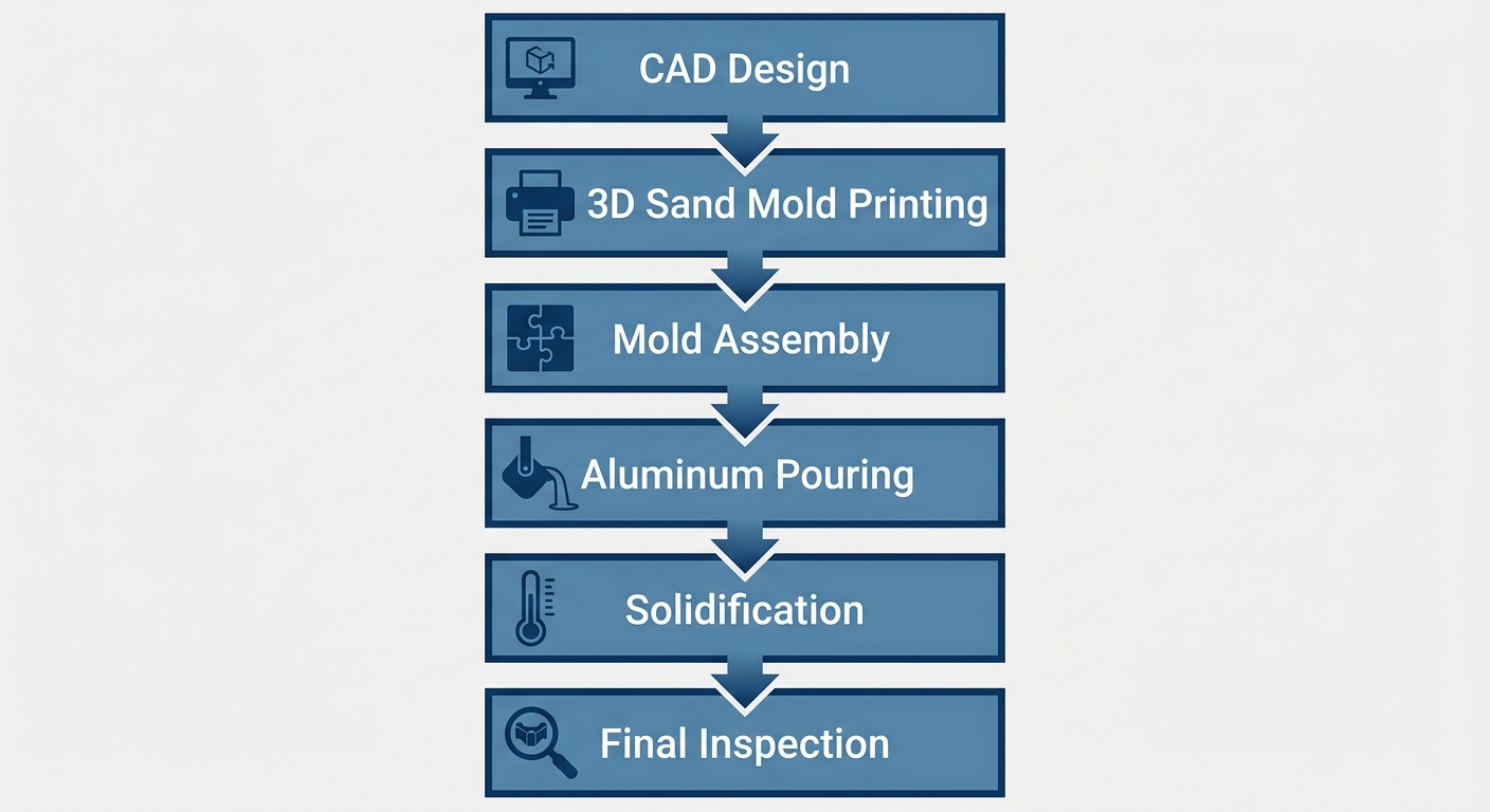 Vertical process flow diagram showing six stages of 3D printed sand mold precision casting: CAD design, 3D printing, mold assembly, aluminum pouring, solidification, and final inspection, connected by blue arrows on a gray background.