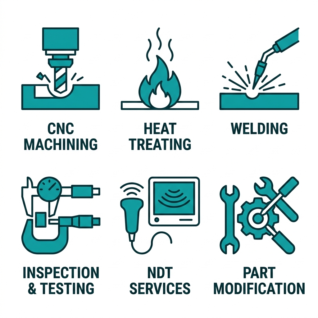 Grid of six flat-style teal icons on white background representing secondary operations: CNC machining (milling tool), heat treating (flame), welding (torch), inspection & testing (gauge), NDT services (ultrasound), and part modification (wrench), each with a text label beneath.
