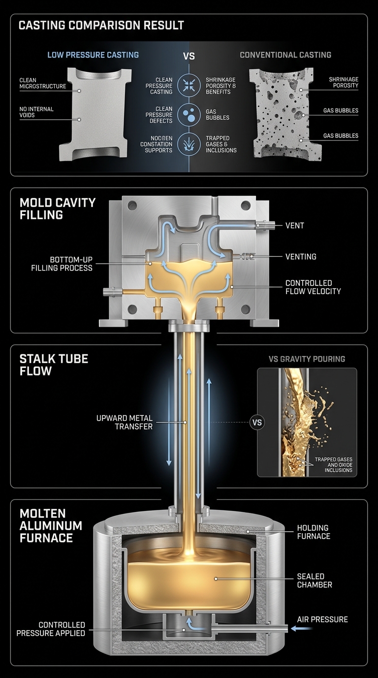 Vertical process flow diagram of low pressure die casting showing pressurized furnace, stalk tube, smooth mold fill, and comparison with gravity casting on dark background with metallic accents.