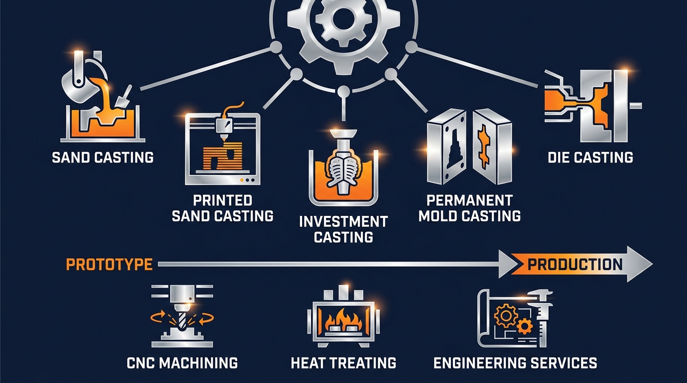 Infographic showing five metal casting processes (sand, printed sand, investment, permanent mold, die) arranged in a semicircle around a central hub, with a horizontal arrow from prototype to production and supporting services CNC machining, heat treating, and engineering listed below. Dark navy, silver, and orange industrial color scheme.