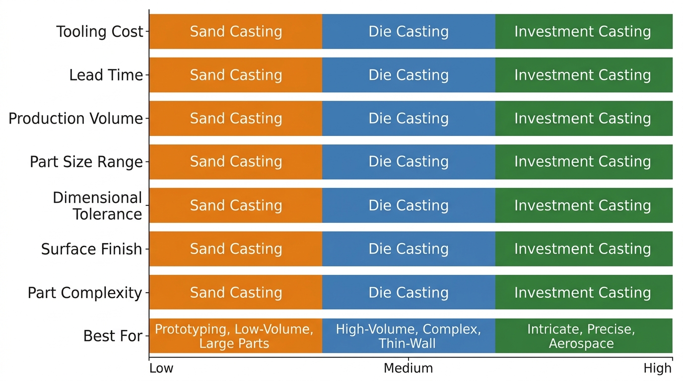 Horizontal stacked bar chart comparing aluminum sand casting, die casting, and investment casting across eight parameters including cost, lead time, and part size, with color-coded segments for each method.