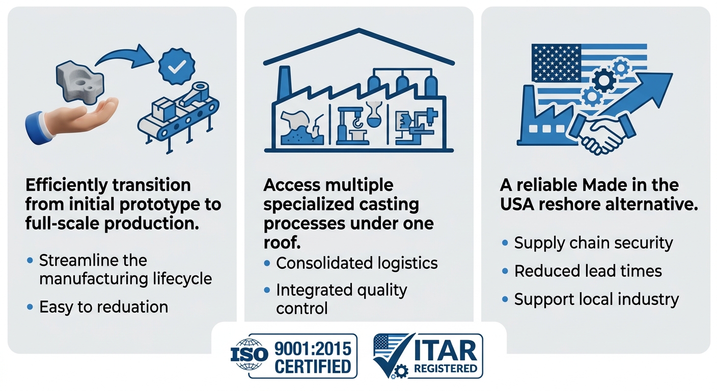 Infographic comparing three advantages of aluminum sand casting services in Kentucky: Prototype to Production, Multiple Casting Processes Under One Roof, and Made in the USA Reshore Alternative, with ISO 9001:2015 and ITAR certification badges, blue and grey color scheme.