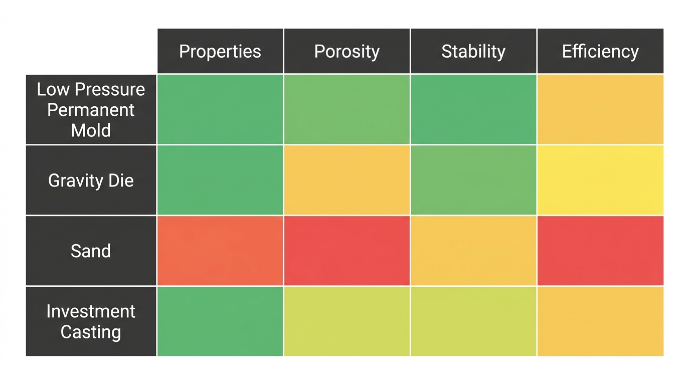 Comparison matrix of four metal casting processes: Low Pressure Permanent Mold, Gravity Die, Sand, and Investment Casting evaluated on Properties, Porosity, Stability, and Efficiency using a color-coded qualitative scale from poor to excellent.