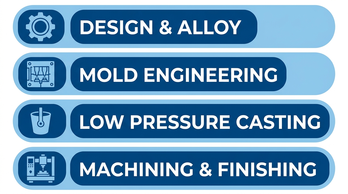 Vertical process flow diagram showing four stages of low pressure permanent mold casting: design and alloy selection, mold engineering, low pressure casting, and machining and finishing, each with a corresponding icon and connected by downward arrows on a blue gradient background.