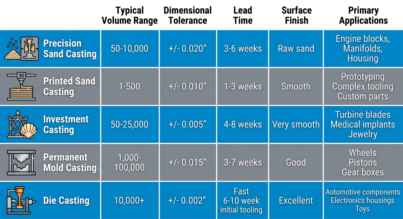 Side-by-side comparison infographic of five casting processes at Protocast Inc