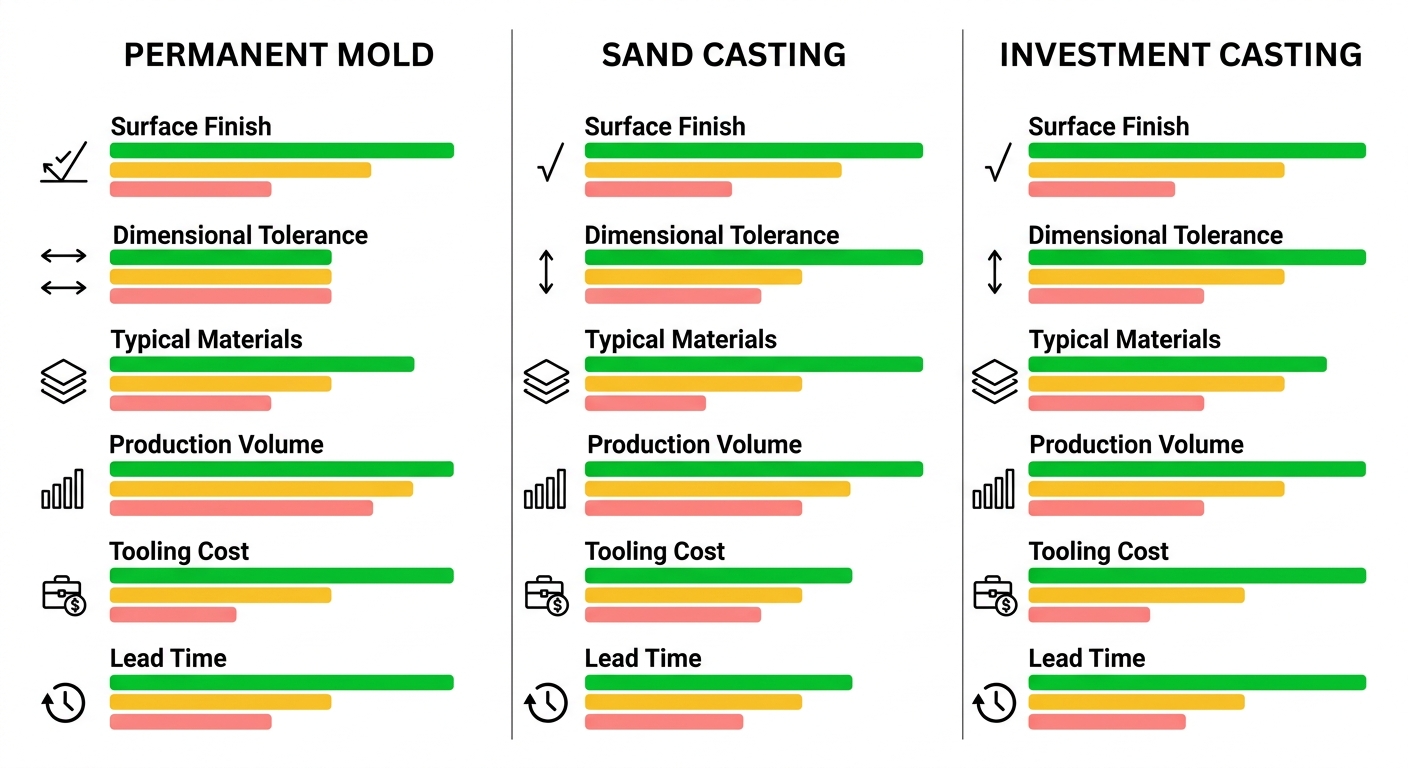 Three-column comparison infographic showing permanent mold, sand, and investment casting performance across surface finish, dimensional tolerance, materials, volume, tooling cost, and lead time with color-coded bars.