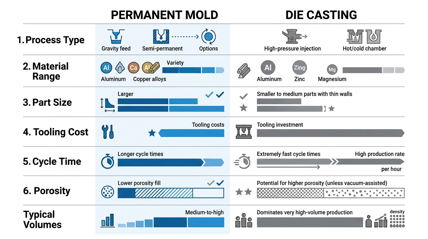 Comparison infographic of permanent mold casting and die casting across seven factors including process type, material range, part size, tooling cost, cycle time, porosity, and typical volumes with visual indicators in blue and gray columns.