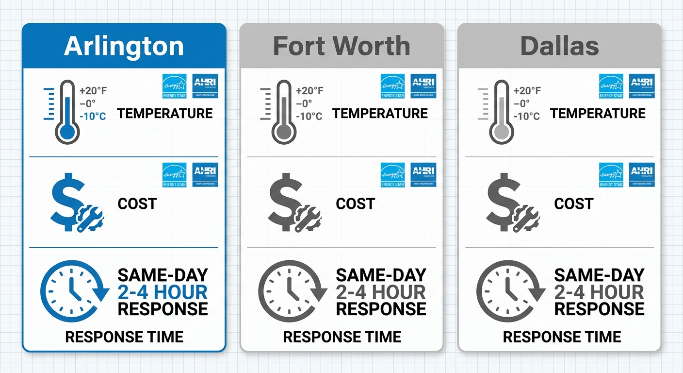 Three-column infographic comparing AC repair factors across Arlington, Fort Worth, and Dallas, with icons for temperature, cost, and response time, and the Arlington column highlighted in brand blue.