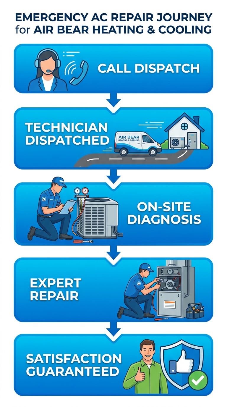 Five-step emergency AC repair process showing Call Dispatch, Technician Dispatched, On-site Diagnosis, Expert Repair, and Satisfaction Guaranteed stages with white icons on blue rounded rectangles connected by arrows.
