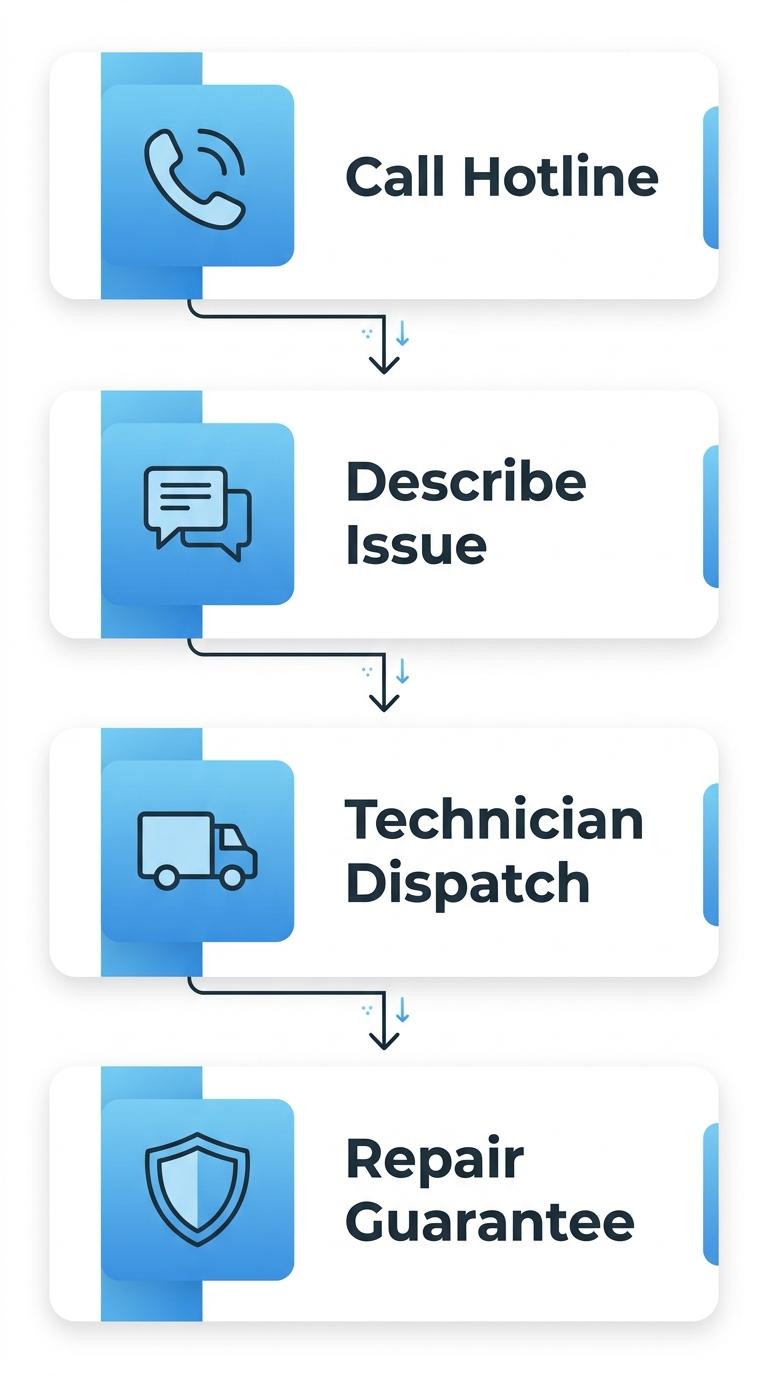 Vertical process flow diagram showing four steps to get 24/7 emergency AC repair in Arlington: call hotline, describe issue, same-day technician dispatch, and repair with satisfaction guarantee using blue and white design.