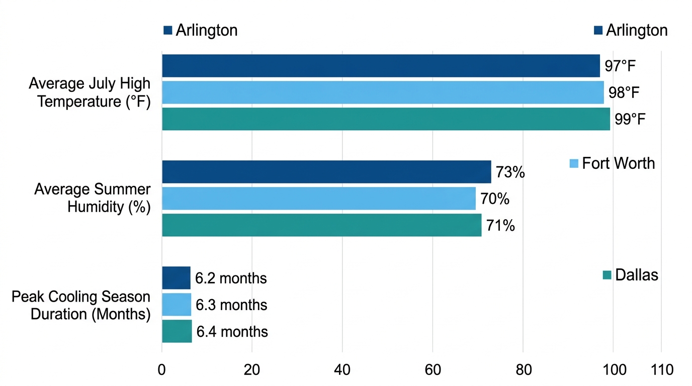 Side-by-side horizontal bar chart comparing summer climate factors across Arlington, Fort Worth, and Dallas, using brand-colored bars with city labels.