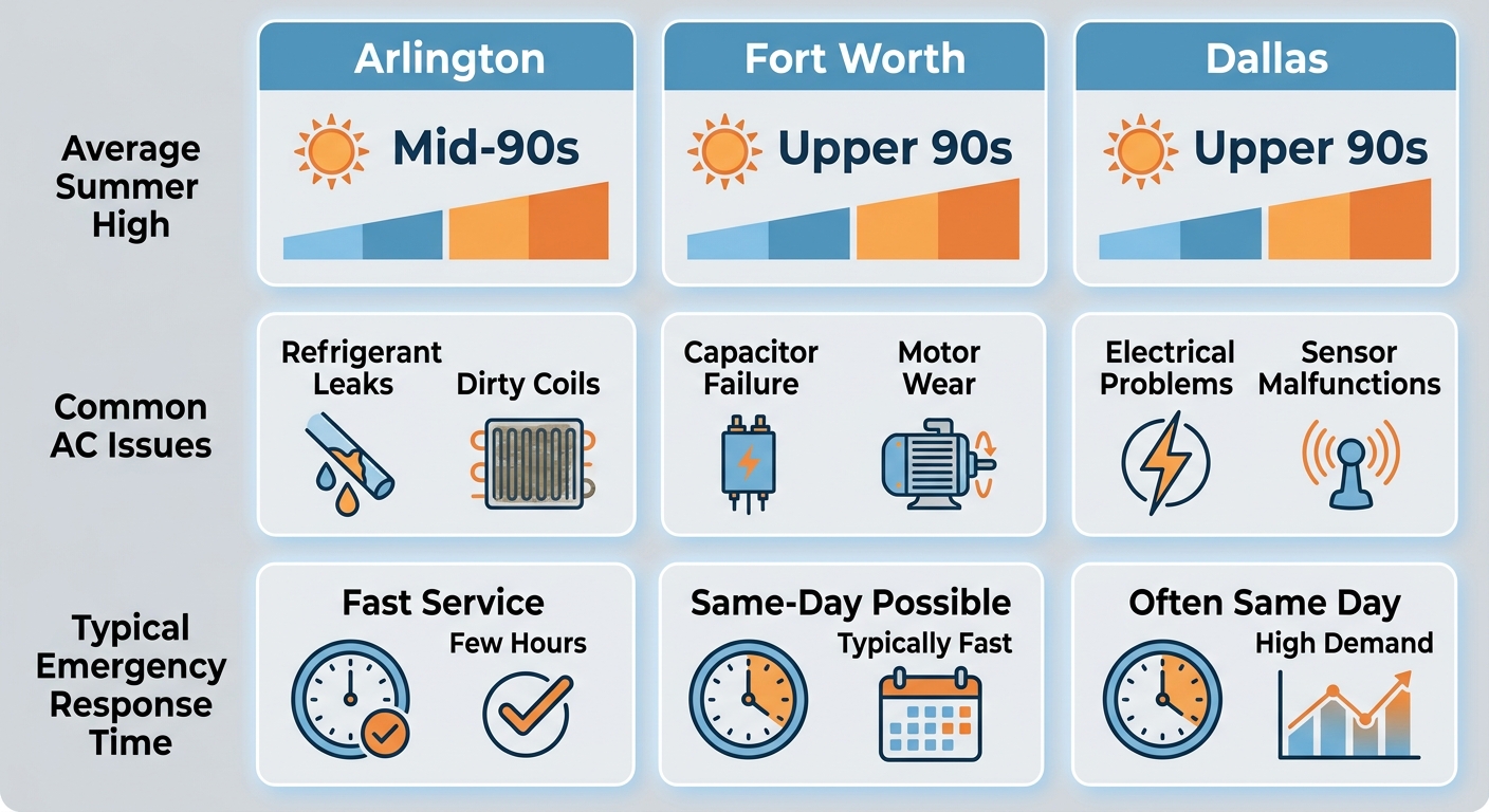 Infographic comparing AC considerations across Arlington, Fort Worth, and Dallas