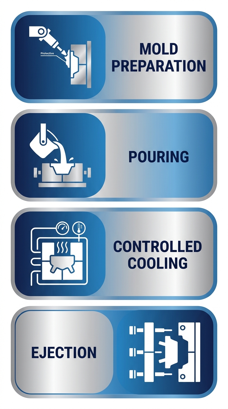 Vertical process flow diagram showing four stages of permanent mold casting: Mold Preparation, Pouring, Controlled Cooling, and Ejection, with blue and silver gradient rounded rectangles connected by downward arrows and white icons.
