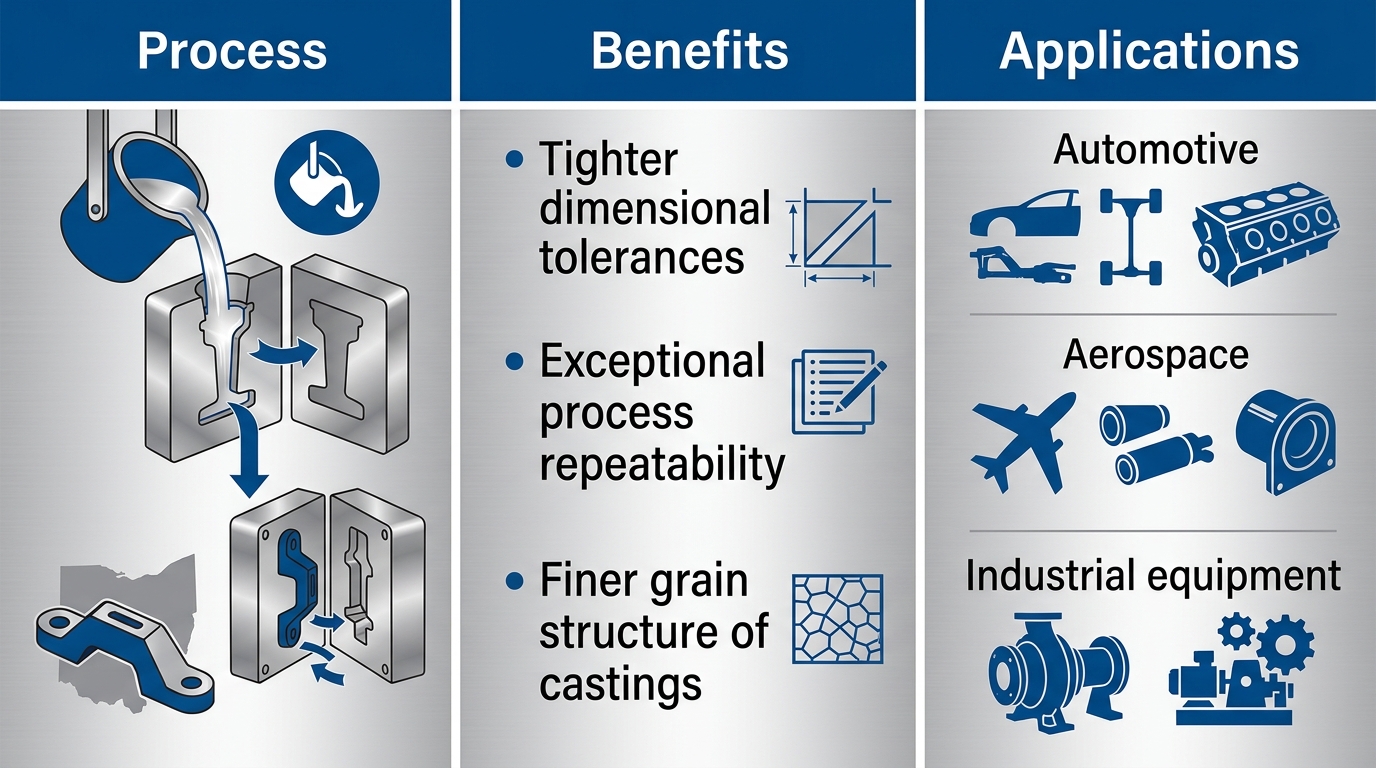 Infographic highlighting permanent mold casting process, key benefits such as tighter tolerances and repeatability, and applications in automotive, aerospace, and industrial equipment, using blue and silver color scheme.
