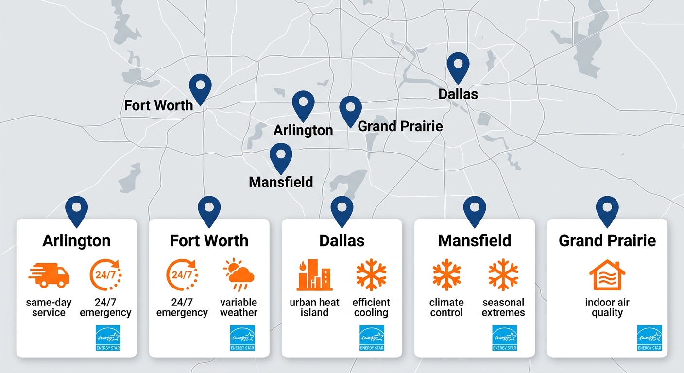Map-style infographic of five DFW cities served by Air Bear Heating & Cooling: Arlington, Fort Worth, Dallas, Mansfield, Grand Prairie, each with same-day and 24/7 emergency HVAC service icons and climate notes.
