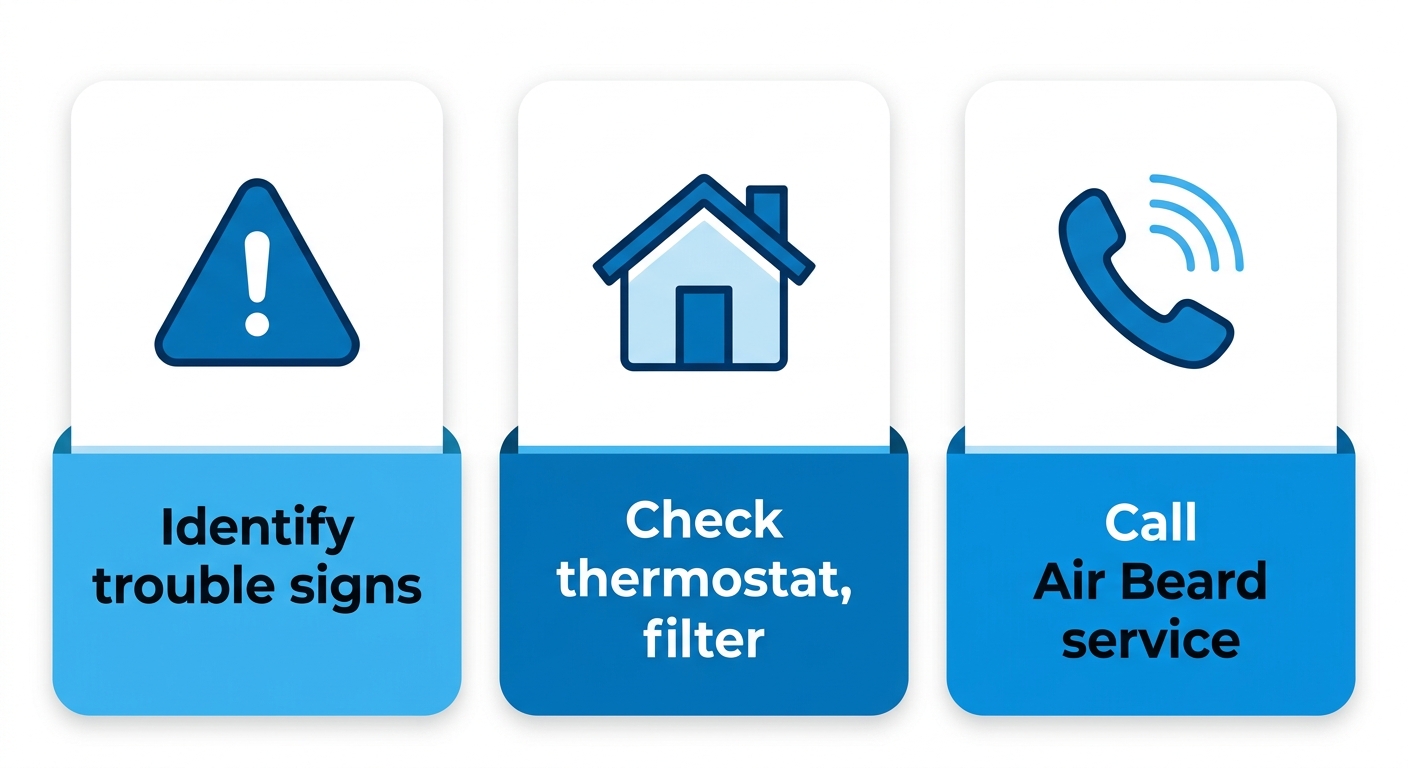 Horizontal three-step process flow for first HVAC service actions: identify signs of trouble, check thermostat and filter, and call Air Beard for same-day service, with blue and white illustration style.