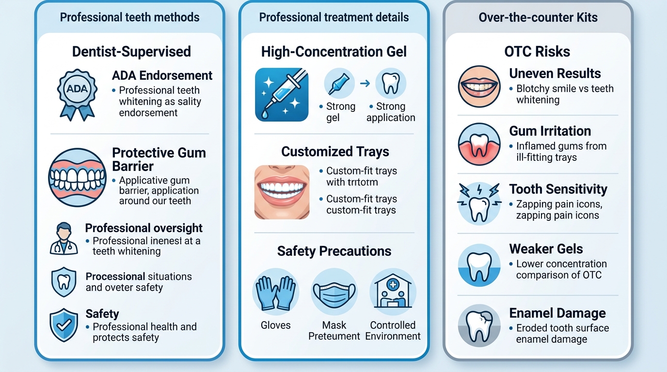Three-column infographic comparing safety of professional teeth whitening versus over-the-counter kits