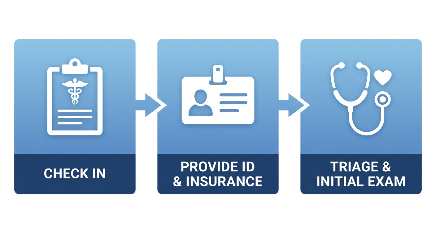 Three-step process flow for emergency dental care arrival showing check-in, ID and insurance, and triage exam steps