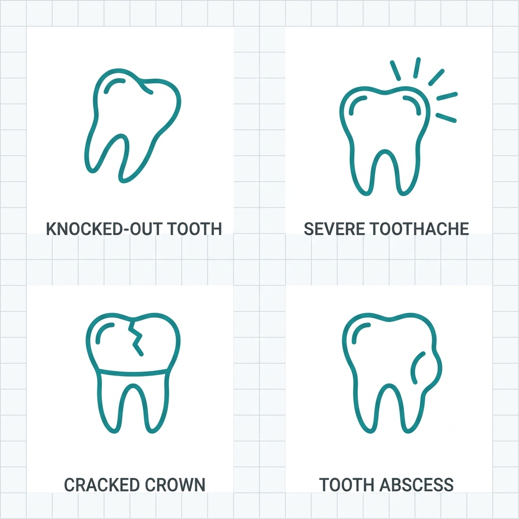 Icon grid showing dental emergencies: knocked-out tooth, severe toothache, cracked crown, and abscess swelling