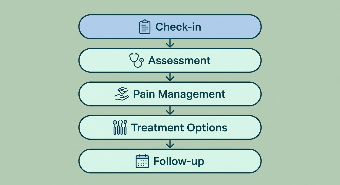 Dental emergency visit process: check-in, assessment, pain management, treatment options, and follow-up steps.