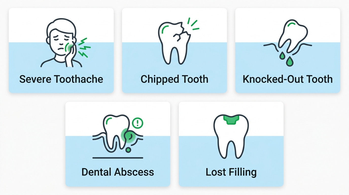 Icon-based infographic of five common dental emergencies: toothache, chipped tooth, knocked-out permanent tooth, abscess or infection, lost filling or crown.