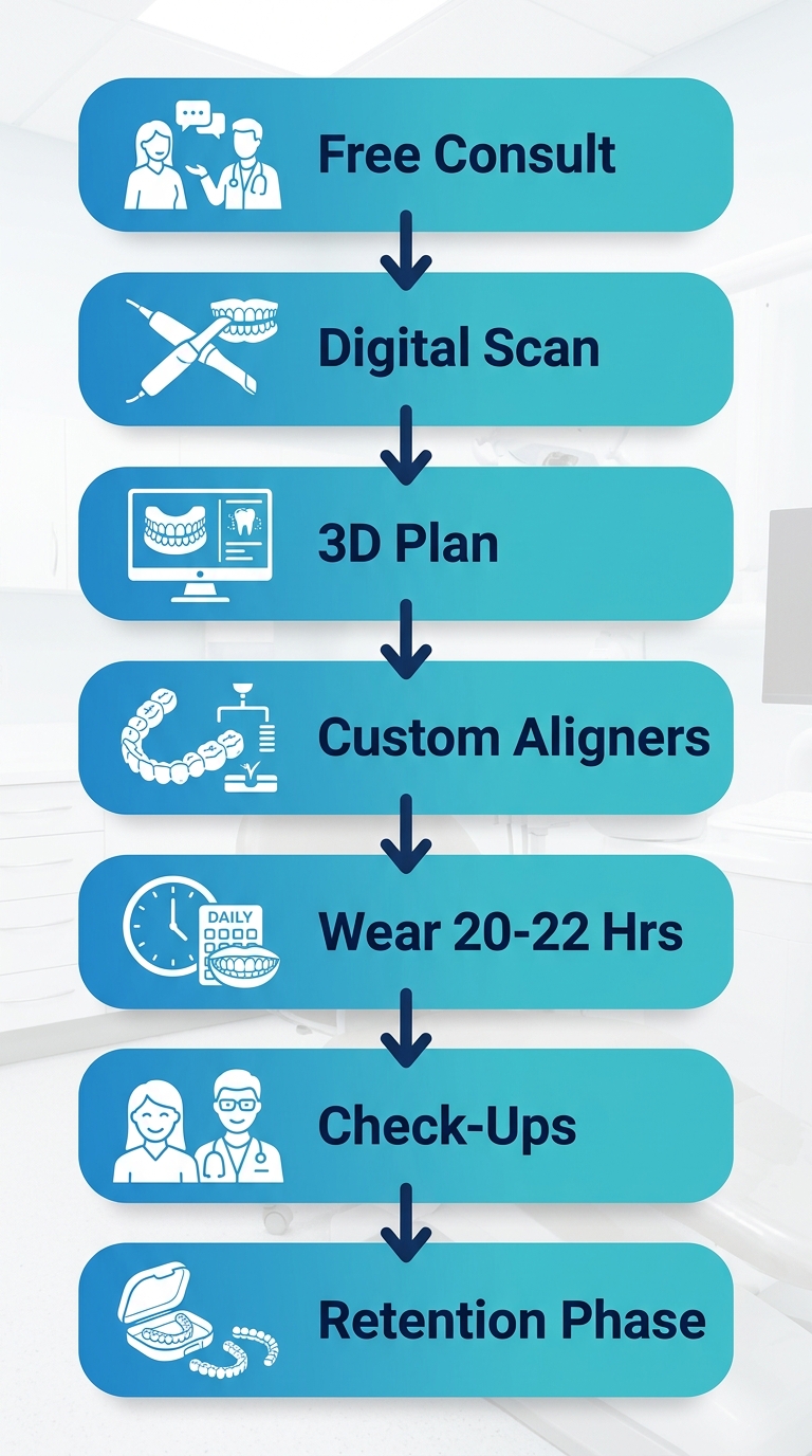 Seven-stage vertical process flow diagram of SureSmile clear aligner treatment, starting with Free Consultation and ending with Retention Phase