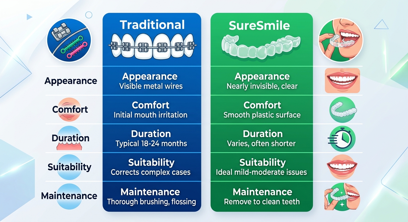 Comparison infographic of traditional braces and SureSmile clear aligners with attribute labels.