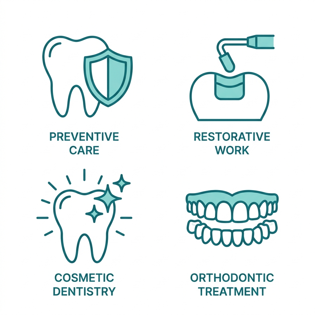 Icons representing preventive, restorative, cosmetic, and orthodontic dental services