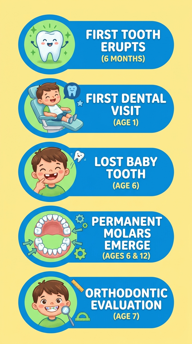 Vertical timeline of pediatric dental milestones for children in San Gabriel, from first tooth to orthodontic evaluation.