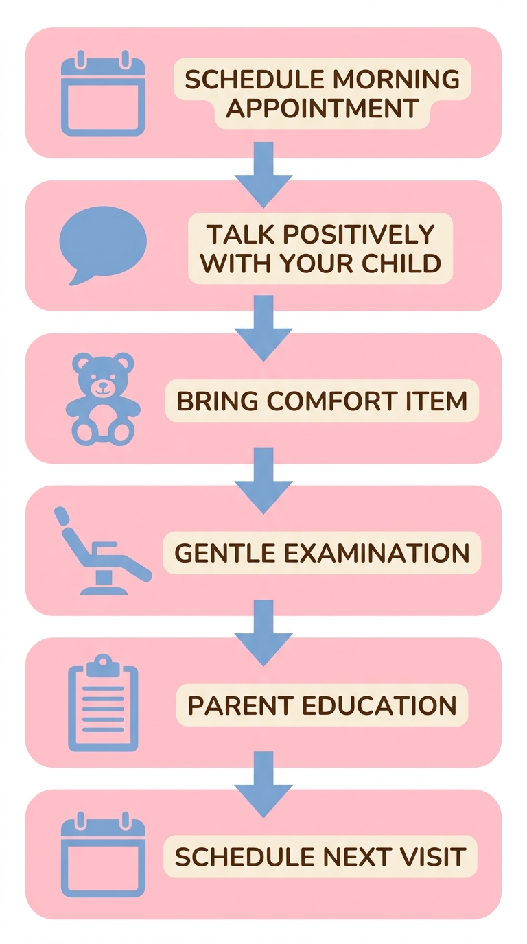 vertical process flow diagram for a child's first dental visit showing six stages from scheduling an appointment to scheduling the next visit