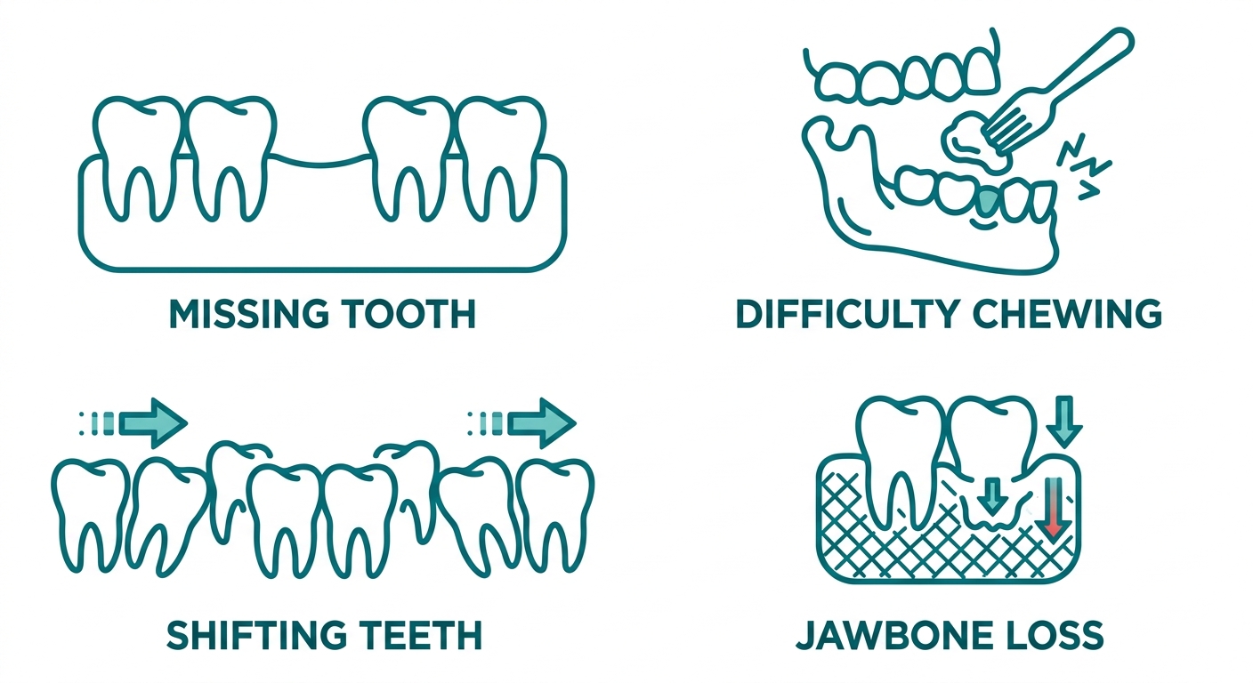 Icon set showing four signs for dental implant candidacy: missing tooth, difficulty chewing, shifting teeth, and jawbone loss.