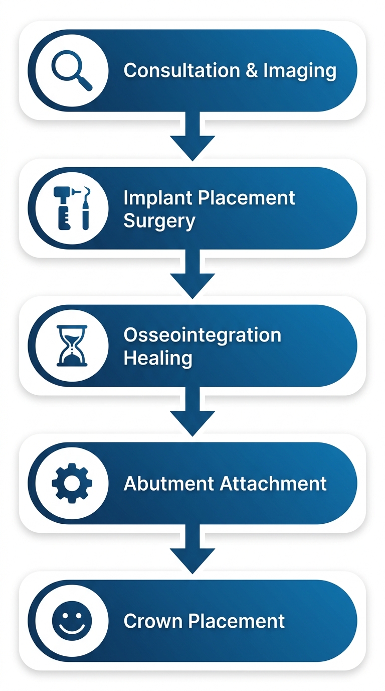 Process flow illustration of dental implant procedure with five stages: Consultation & Imaging, Implant Placement Surgery, Osseointegration, Abutment Attachment, and Crown Placement, connected by downward arrows with medical icons.