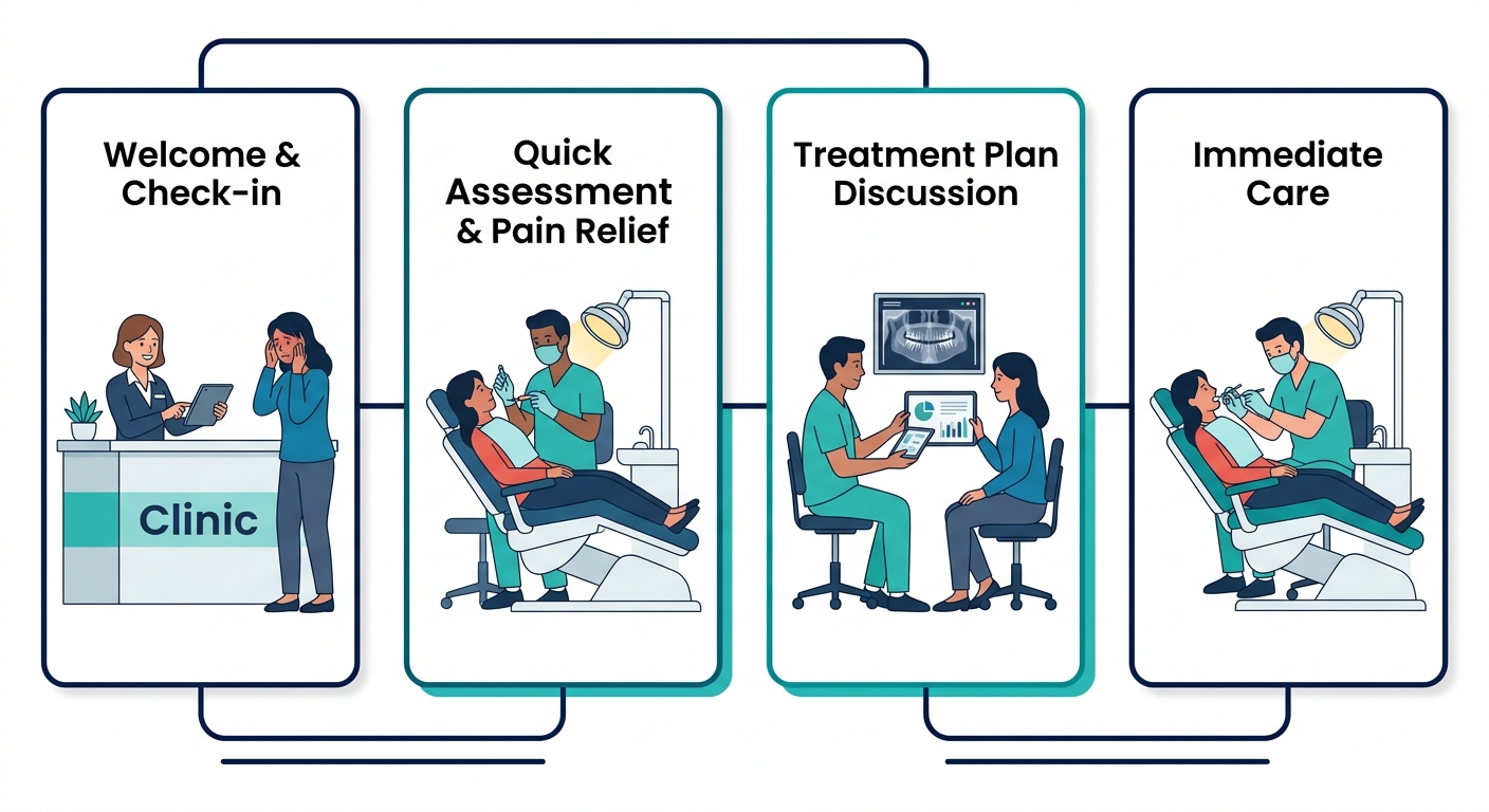 Horizontal process flow with four steps for emergency dental care arrival