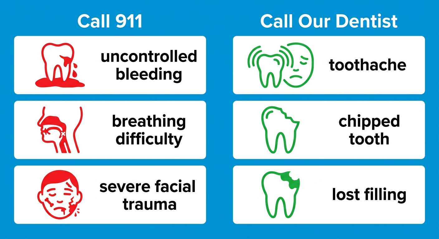 Infographic comparing dental emergencies requiring 911 vs dentist visit with icon pairs