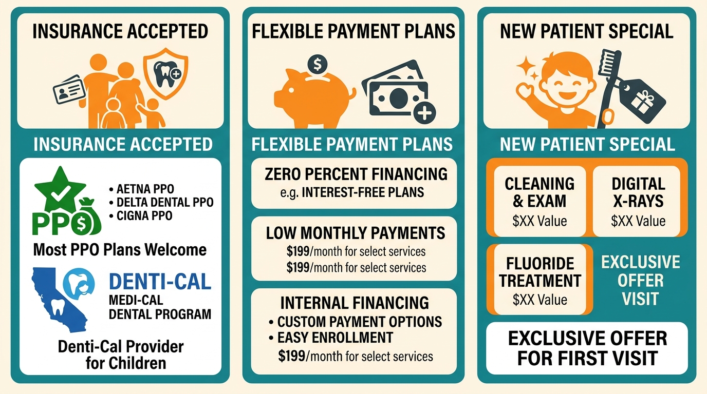 Pediatric dental cost options infographic showing insurance, payment plans, and new patient special