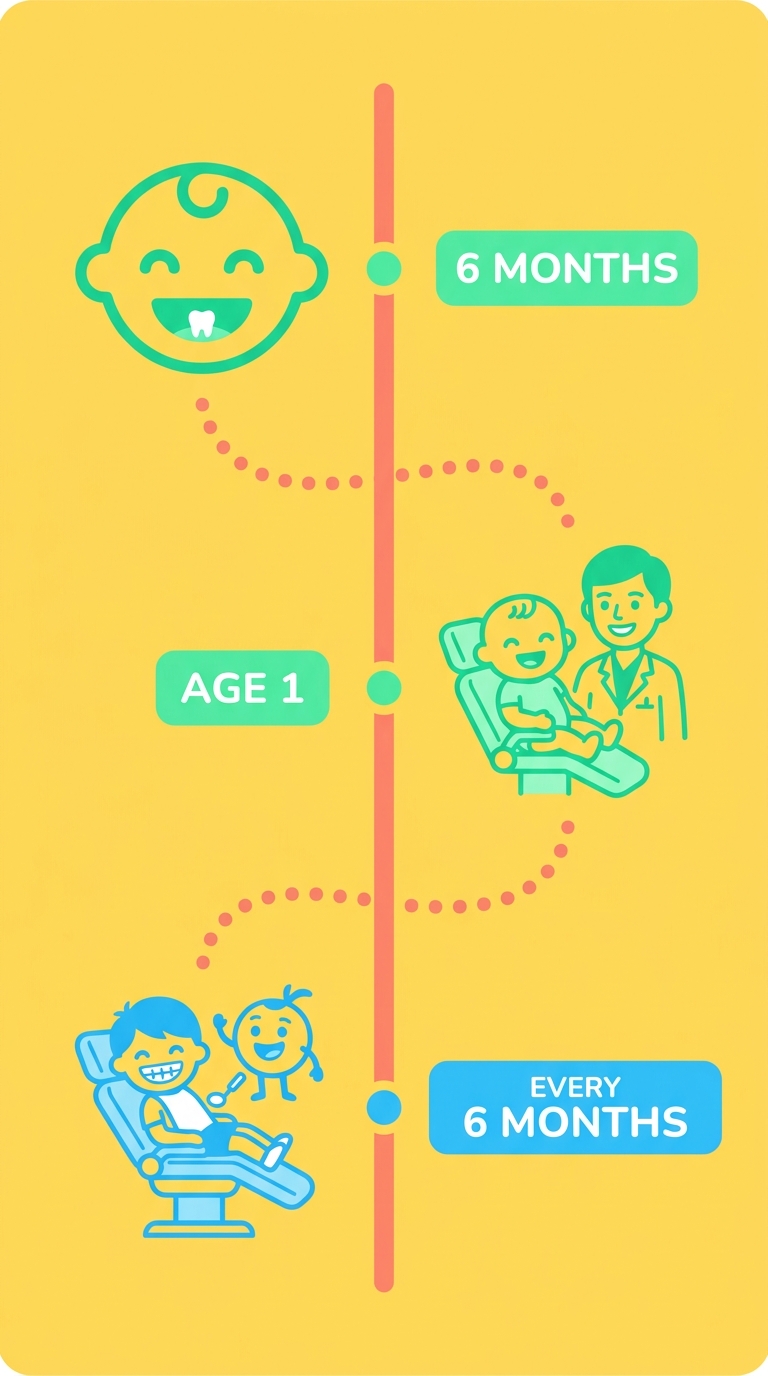 Vertical pediatric dental timeline showing first tooth eruption at 6 months, first dental visit by age 1, and routine visits every 6 months, with child-friendly icons and bright cheerful colors.
