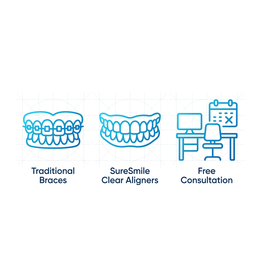 Icons for traditional braces, clear aligners, and free consultation representing orthodontic services in Long Beach