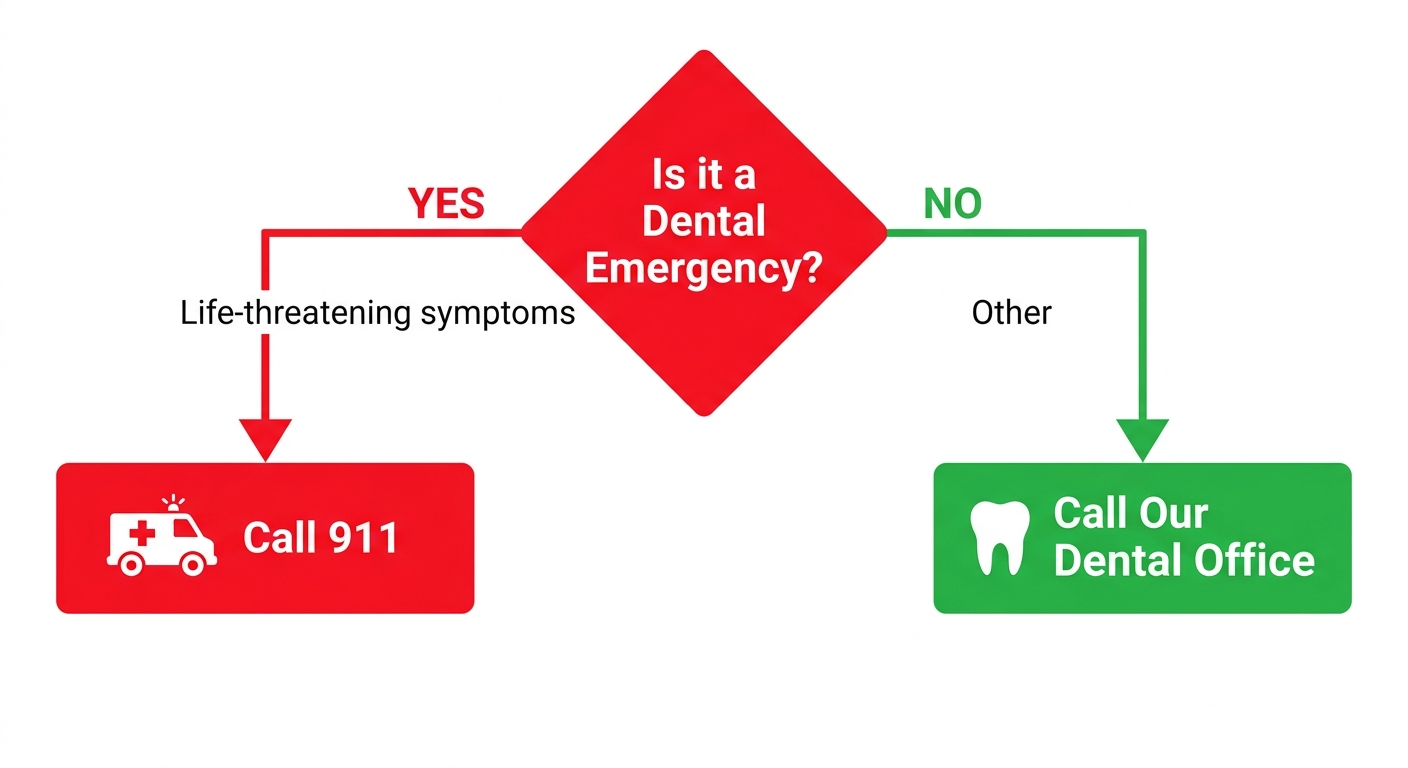 Decision flowchart for dental emergencies: from central question through life-threatening symptoms to 911 or dentist
