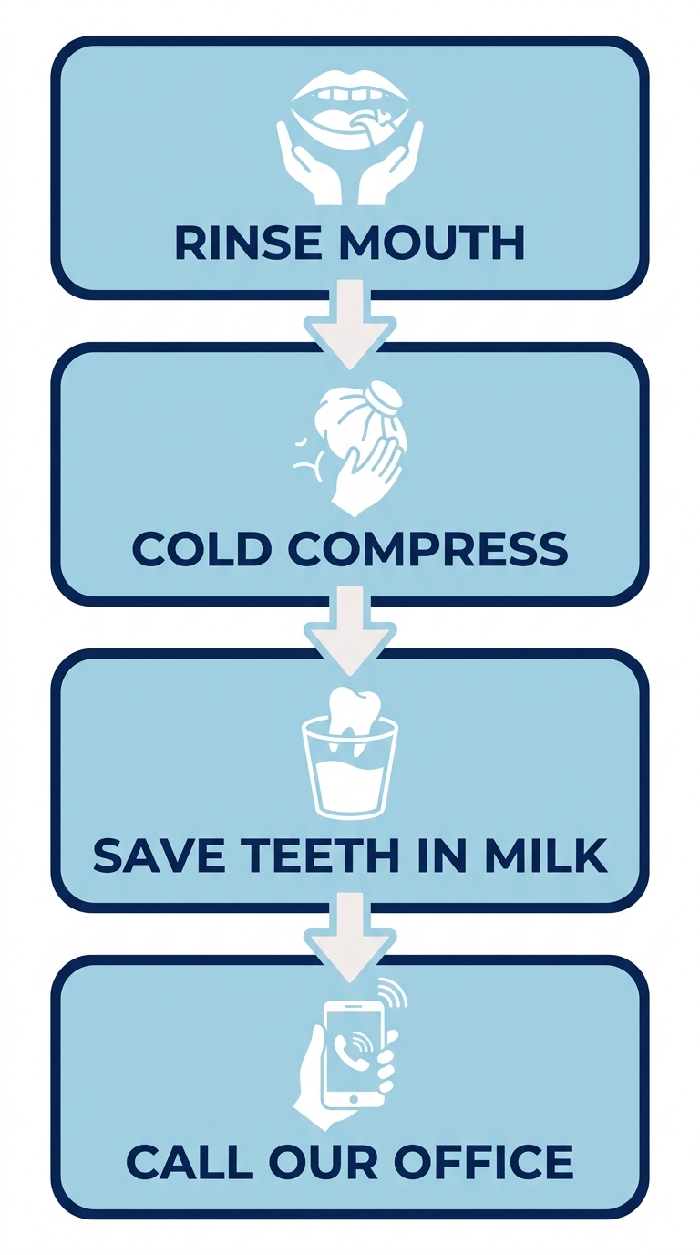 Vertical process flow diagram showing four emergency dental first-aid steps: Rinse mouth, apply cold compress, save tooth fragments in milk, call Long Beach Dental office.