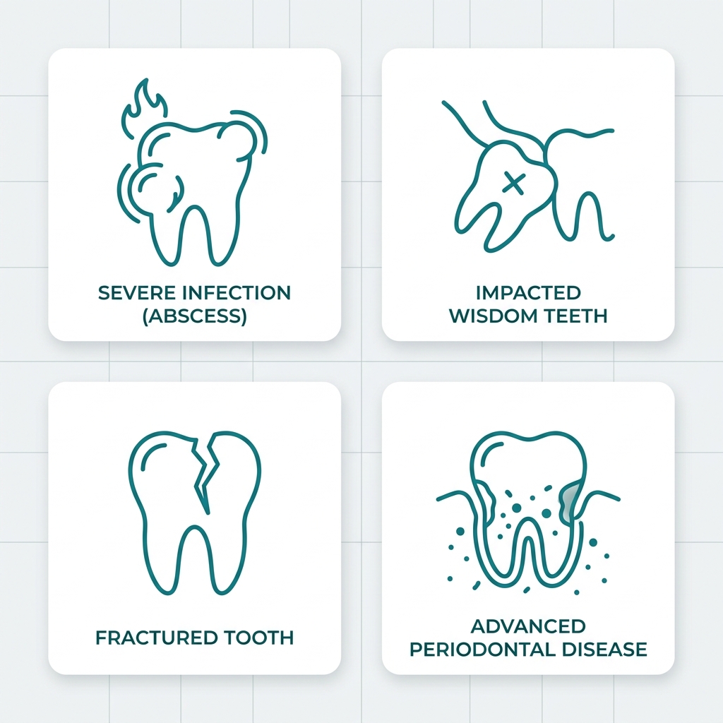 Set of four outline icons for urgent tooth extraction conditions: abscess, impacted wisdom tooth, cracked tooth, and receding gums, displayed in a 2x2 grid on white cards