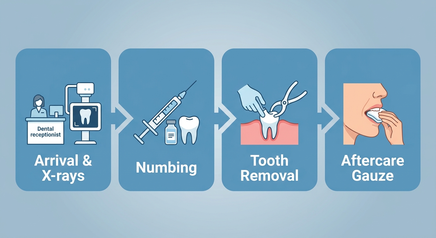 Horizontal process flow of tooth extraction visit showing four steps: arrival and X-rays, numbing, tooth removal, and aftercare gauze